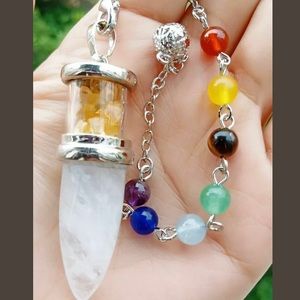 Rock quartz Pendulum silver chain 7 chakra citrine crystal chips